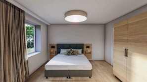 Une chambre à coucher avec un lit, des tables de chevet, une armoire et une fenêtre avec des rideaux.
