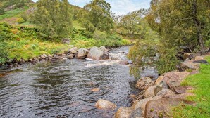 Ein Fluss, der durch eine natürliche Landschaft mit Felsen und Bäumen fließt.