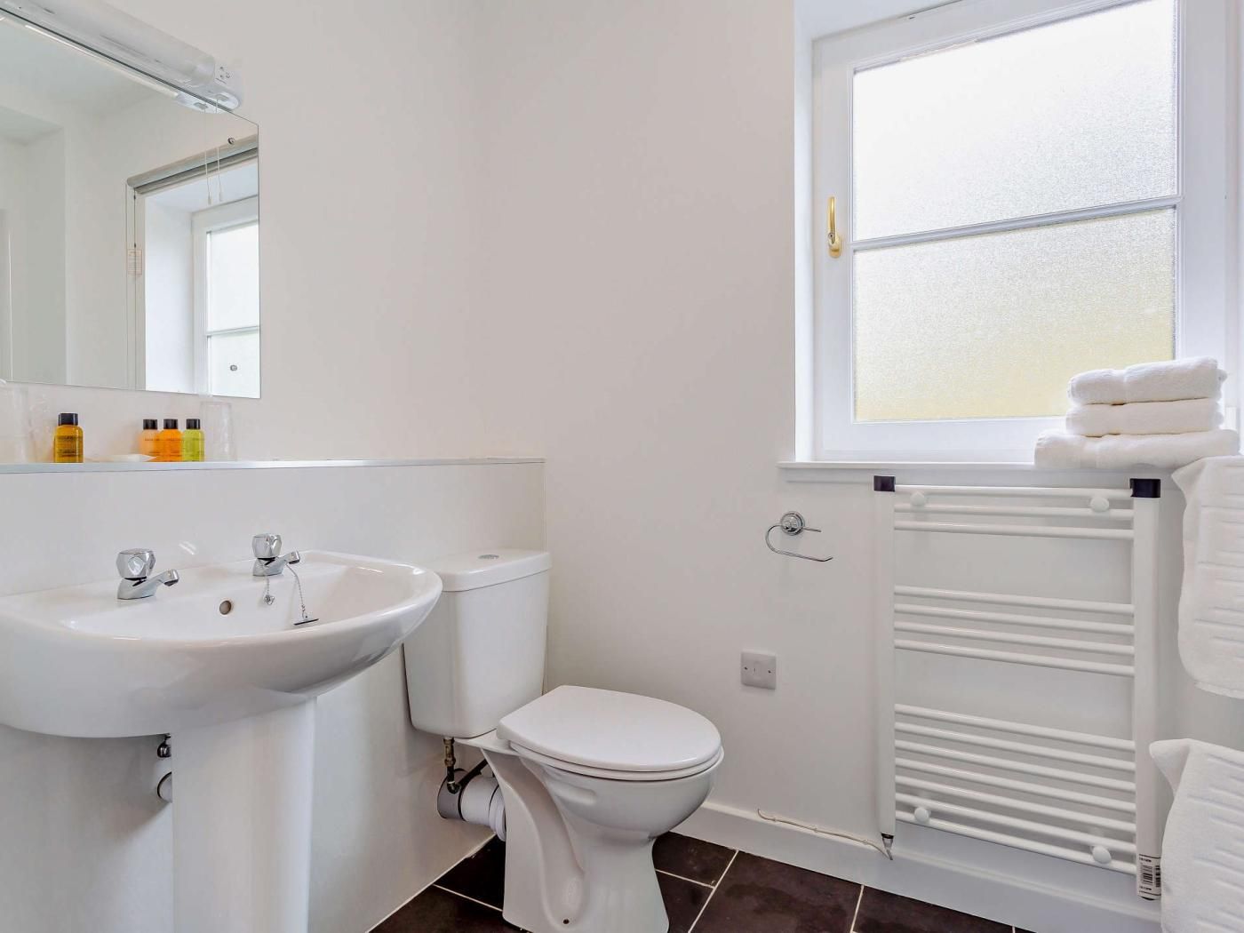 Ein modernes Badezimmer mit Waschbecken, Toilette und Handtuchheizkörper.