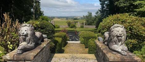 A pathway flanked by stone lion statues leading to a rural landscape.