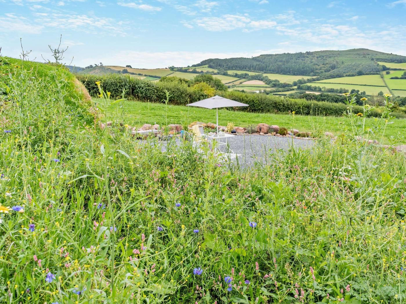 A grassy outdoor area with a white umbrella table, surrounded by wildflowers and a view of rolling hills.