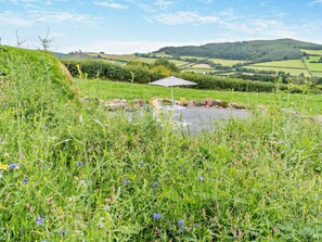 A grassy outdoor area with a white umbrella table, surrounded by wildflowers and a view of rolling hills.