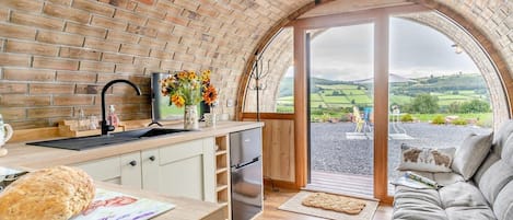A kitchen with a brick wall, a sink, a stove, and a window overlooking a rural landscape.
