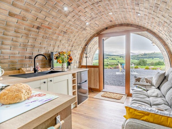 A kitchen with a brick wall, a sink, a stove, and a window overlooking a rural landscape.