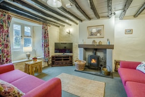 Ein gemütliches Wohnzimmer mit Kamin, Fernseher und einer Couch.