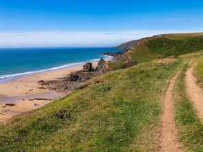 Eine Küstenlandschaft mit einem Feldweg, der zu einem Strand führt, Felsen und einem klaren, blauen Himmel.