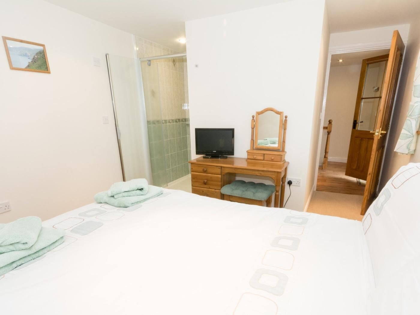Une chambre à coucher comprenant un lit, une commode en bois avec un miroir, un téléviseur et un espace douche.
