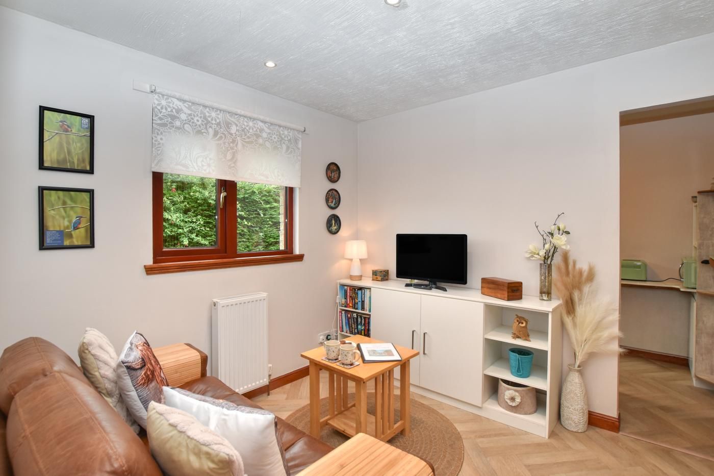 Een woonkamer met een bank, een televisie, een boekenkast en een raam met uitzicht op groen.