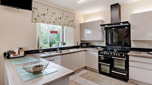 Eine moderne Küche mit Herd, Backofen, Mikrowelle und einem Fenster mit Blick auf Grünflächen.