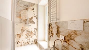 Shower, bidet, towels, shampoo