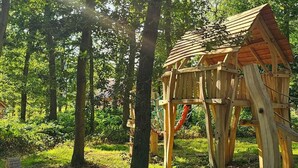 A wooden playhouse in a forested area with a rope swing. - 3 Bed in King's Lynn (oc-96036) (Middleton)