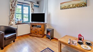 Een woonkamer met een open haard, een televisie, een bijzettafeltje met een rode waterkoker, en een schilderij aan de muur.