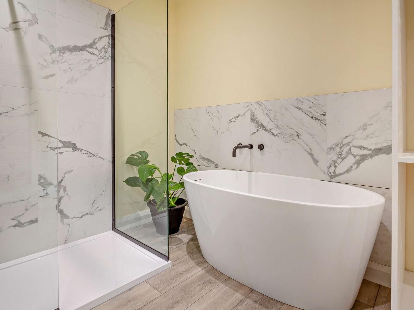 A bathroom with a freestanding bathtub, a glass shower enclosure, and a potted plant.