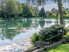 A serene lakeside setting with a wooden bench and a flower bed. - 3 Bed in Cullompton (oc-96118) (Willand)