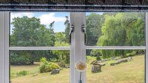 A window with a view of a green landscape, a vase with a single flower, and a decorative ceiling. - 2 Bed in Fordingbridge (oc-96125) (Godshill)