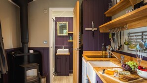 Cocina compacta con estufa de leña, un lavabo y varios alimentos sobre la encimera.