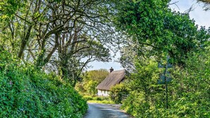 Eine schmale Landstraße, gesäumt von üppiger Vegetation und einem traditionellen Haus mit Strohdach.