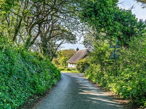 A narrow rural road flanked by lush greenery and a traditional thatched-roof house. - 2 Bed in Newquay (oc-91776) (Cubert)