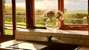 Eine Küche mit Fenster, einer Blumenvase und Blick auf einen Weinberg.