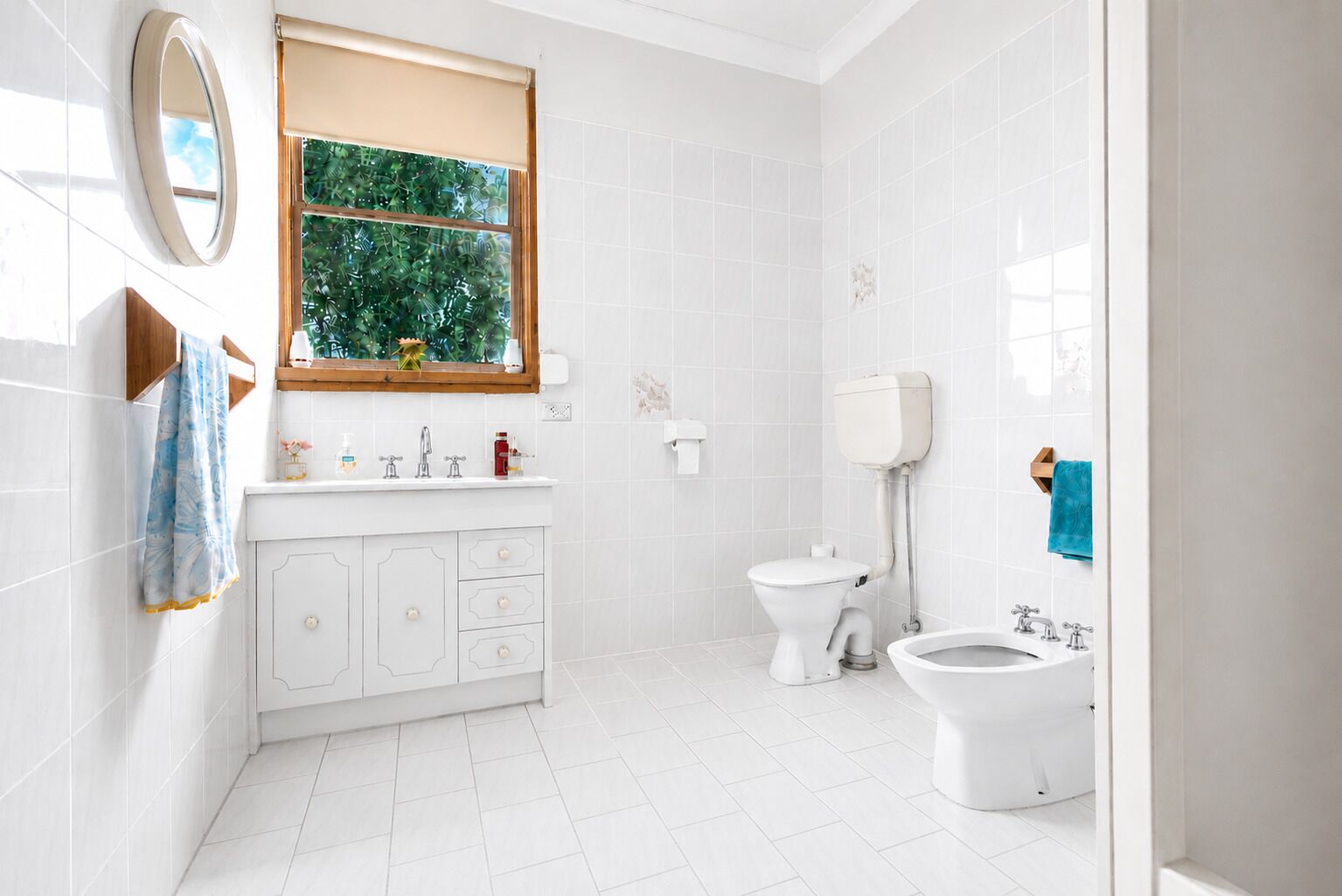 Ein modernes Badezimmer mit weißen Fliesen, einem Waschbecken, zwei Toiletten und einem Fenster mit Blick auf Grünfläche.