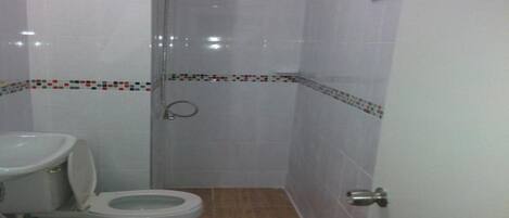 A bathroom with a toilet, shower, and tiled walls.