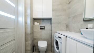 Un bagno moderno con un water, una lavatrice e un lavandino.