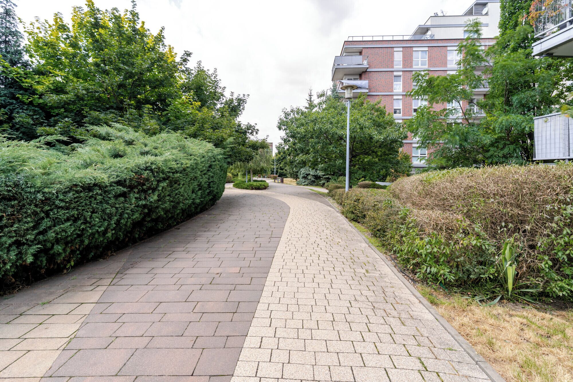 Un chemin pavé, bordé d’une végétation dense et d’arbres, mène à un immeuble à plusieurs  étages dont la façade est en briques rouges.