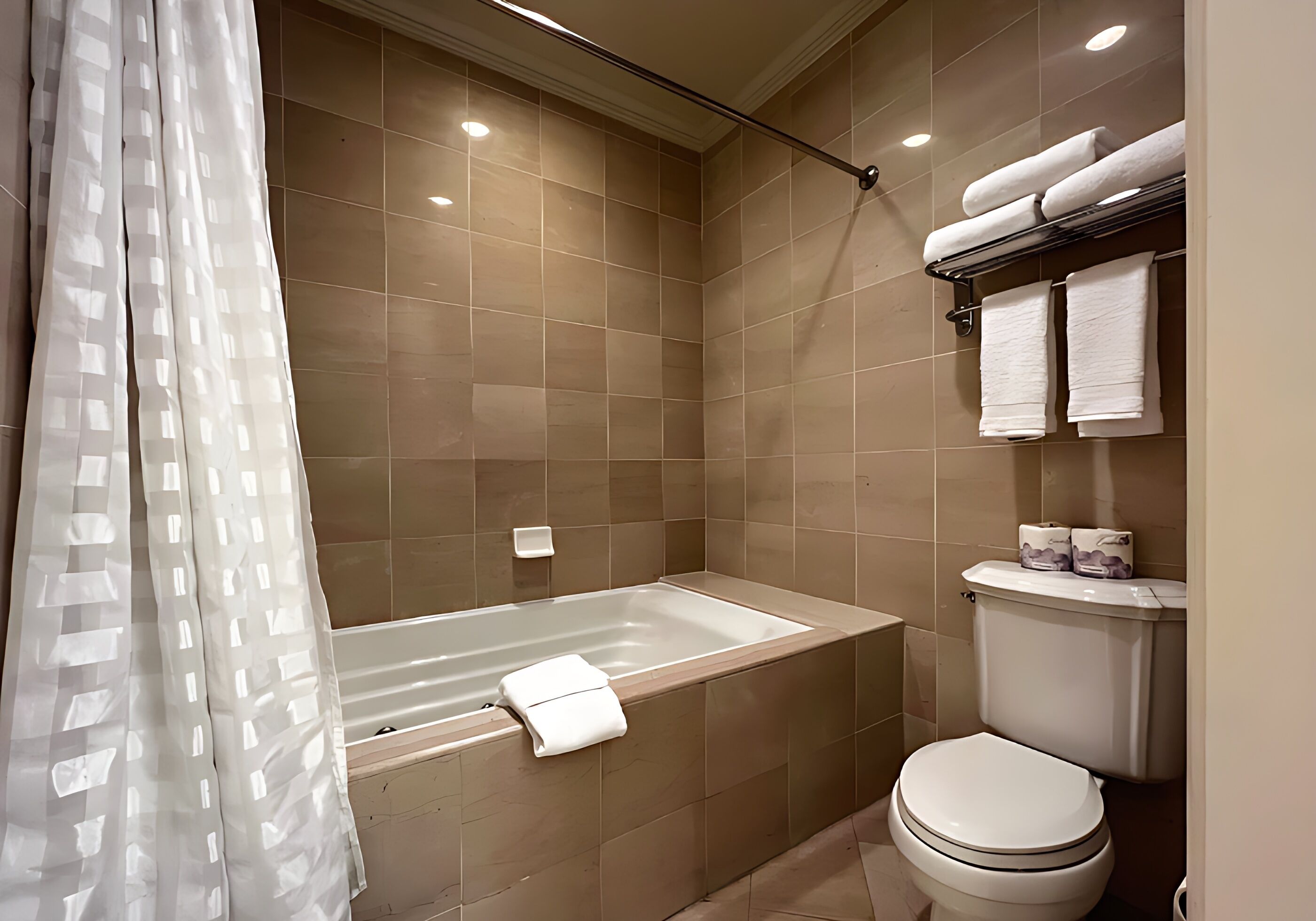 Un baño con bañera, inodoro y perchero para toallas.