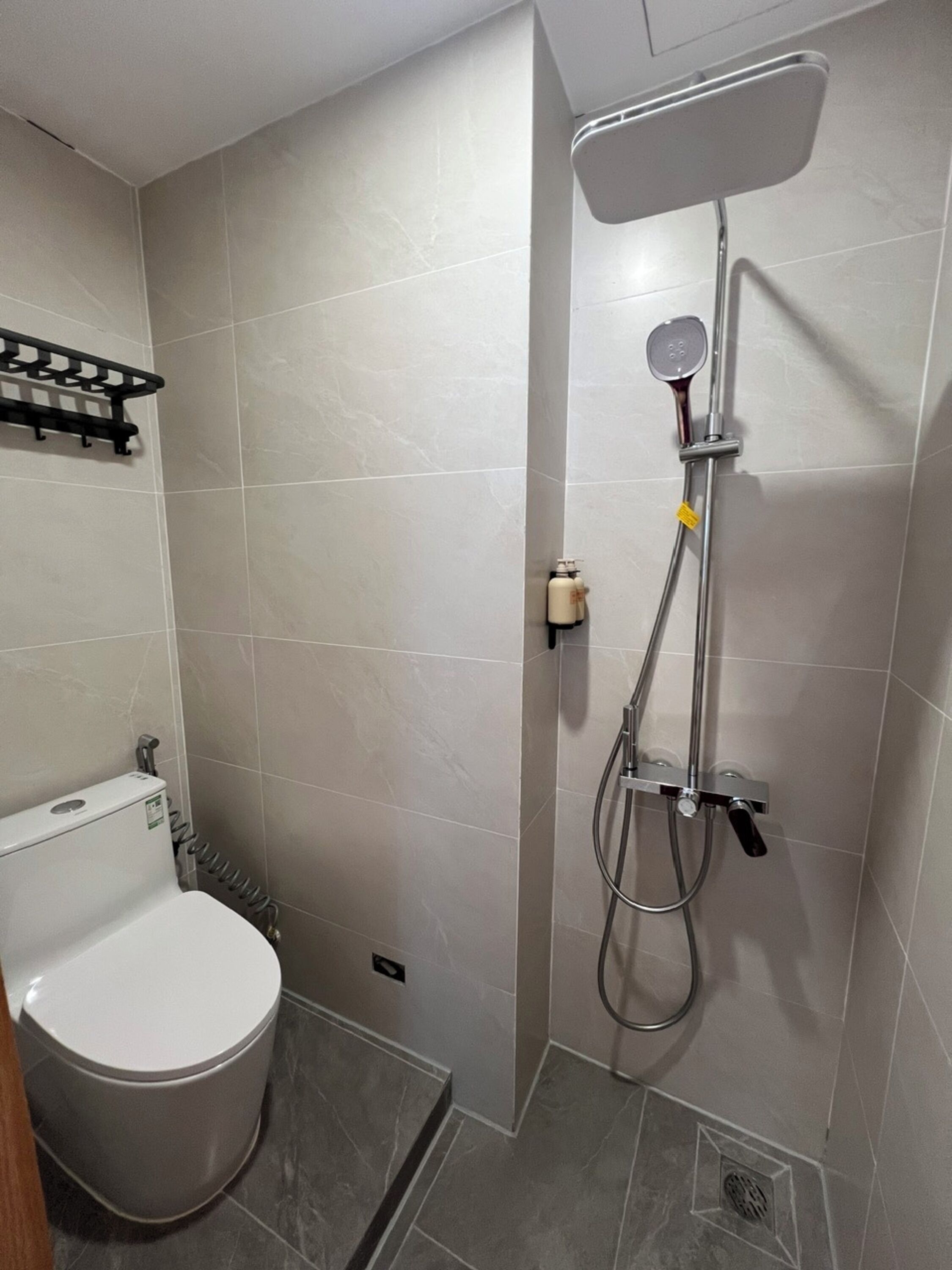 A bathroom with a toilet, a shower with a handheld showerhead, and a towel rack.