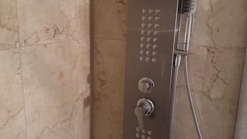 Shower, towels, toilet paper