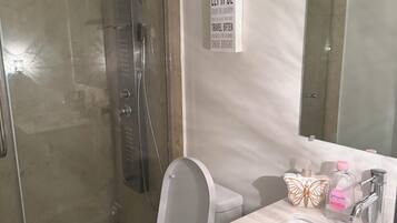 Douche, serviettes fournies, papier toilette