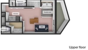 A two-story hotel layout with a bedroom, bathroom, kitchen, and double bed on the lower floor, and a bedroom with a sofa on the upper floor. - Koti Sopo Universal Bay 5 by Liaison (Osaka)