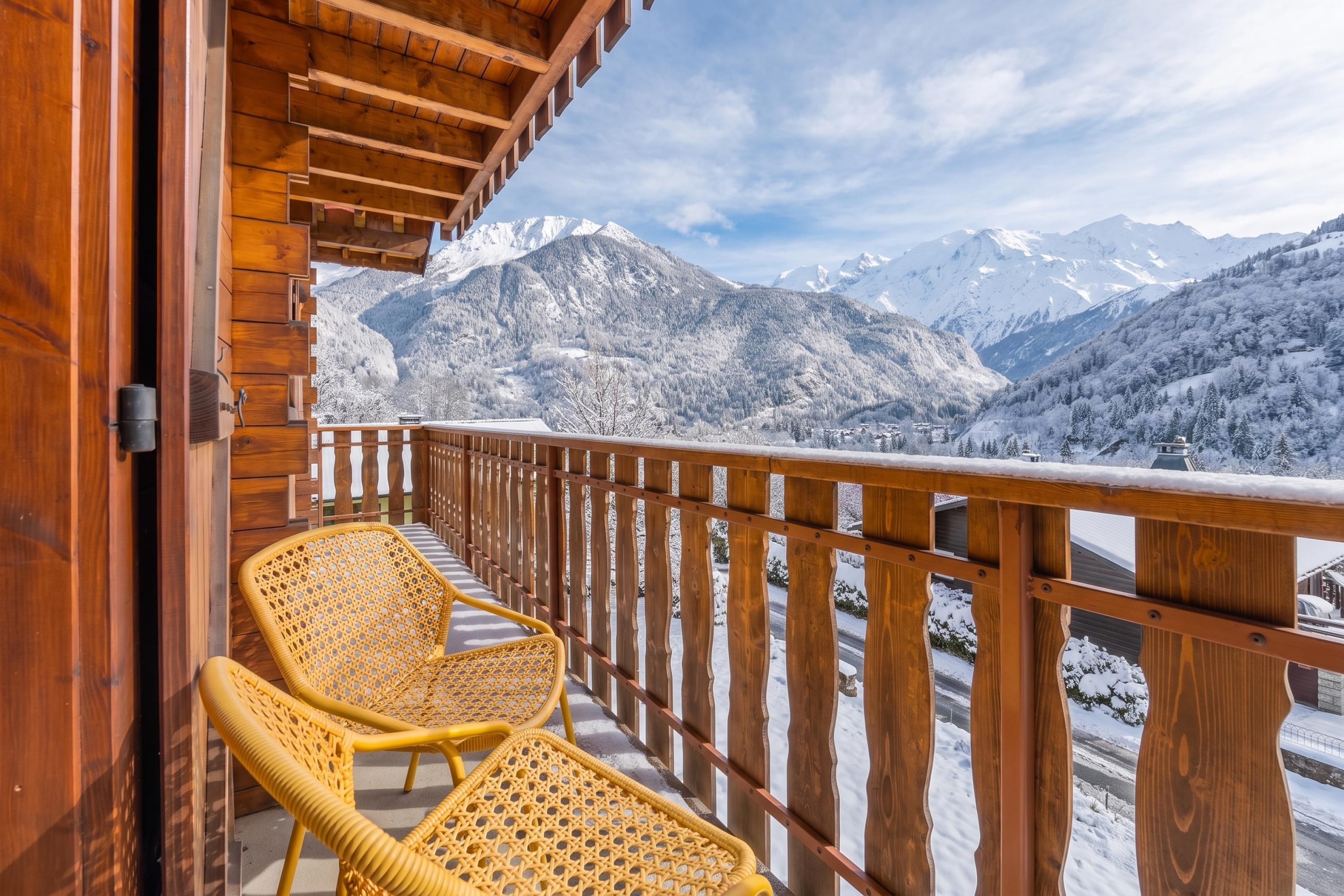 A wooden balcony with two wicker chairs, overlooking a snowy mountain landscape.