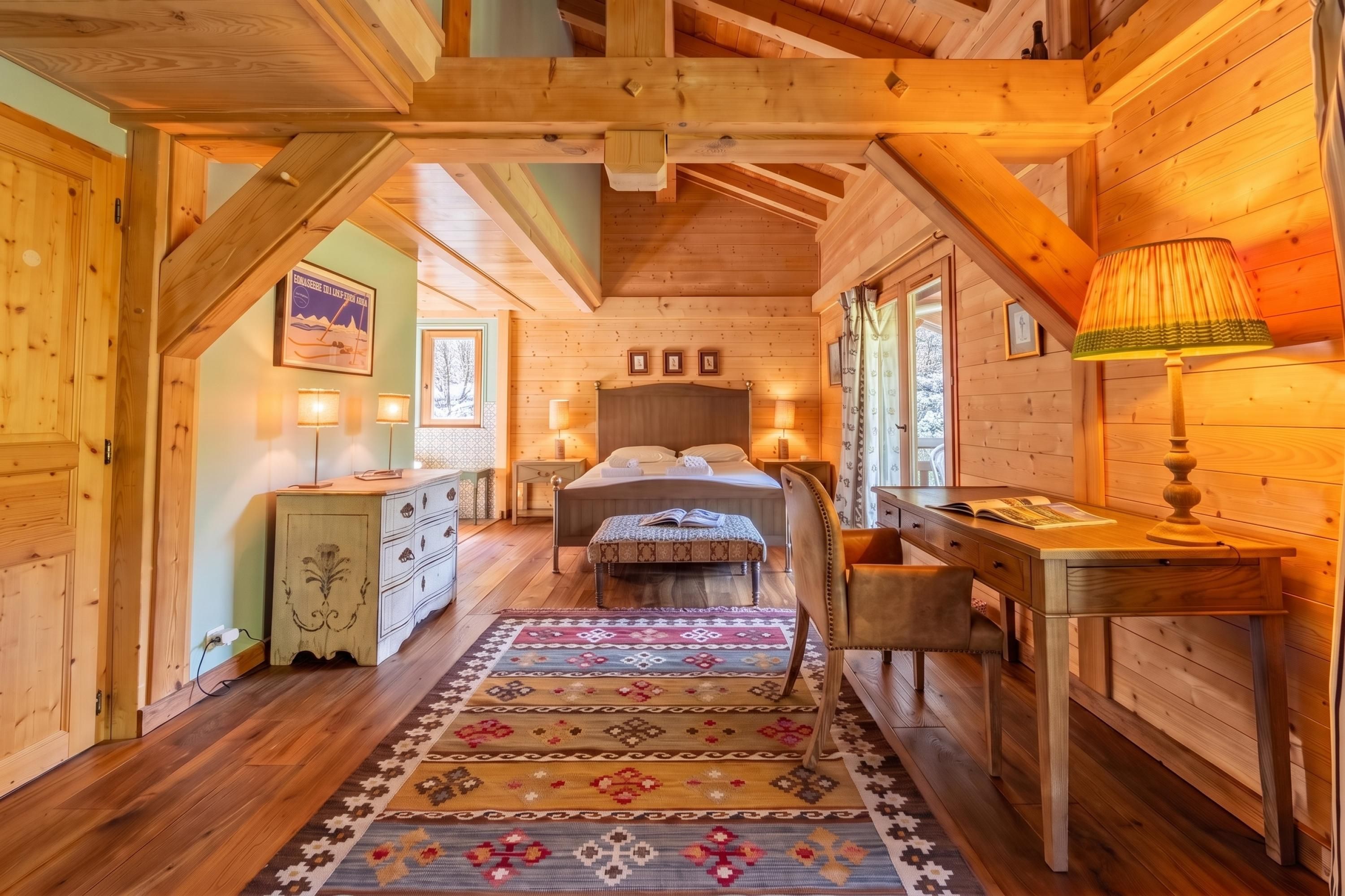 A cozy wooden room with a bed, bedside tables, a desk, and a patterned rug.