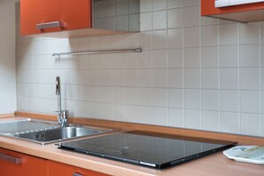 Eine moderne Küche mit Spüle aus Edelstahl, einer schwarzen Induktionskochplatte und orangenen Schränken.
