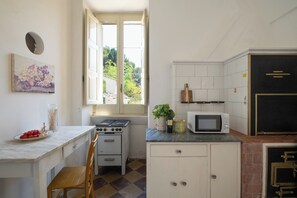 A kitchen with a stove, microwave, and a window with a view of greenery. - Dimora Lustrelle con parco privato (Cutrofiano)