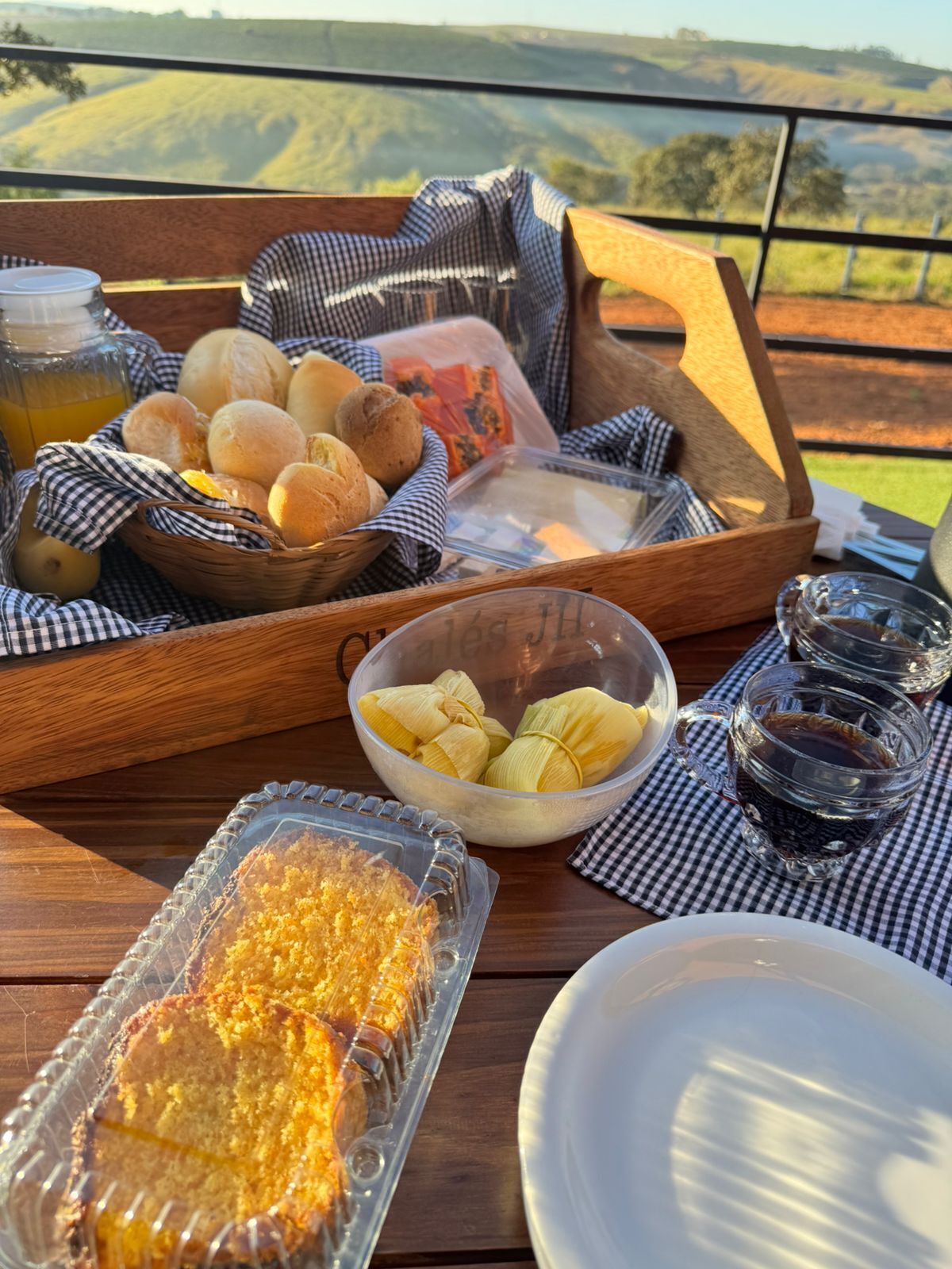 A picnic setup with bread, tamales, and a dessert on a wooden table with a scenic view.