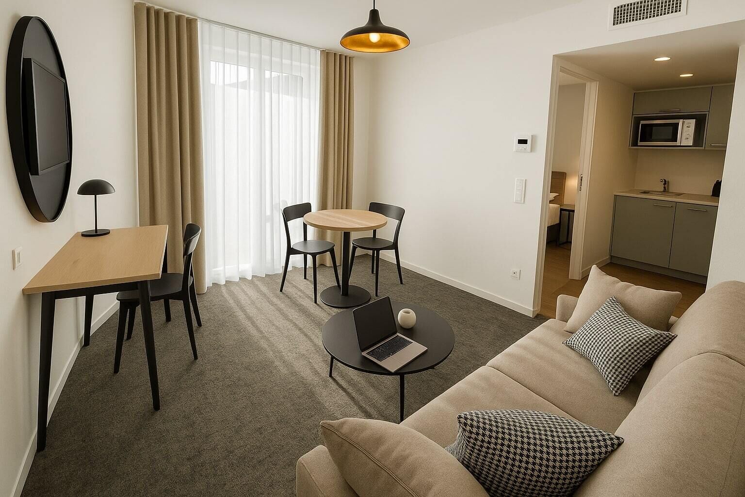 Uma sala de estar moderna com sofá, mesa de centro, mesa de jantar com cadeiras, televisão e área de cozinha.