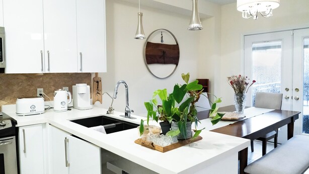 A modern kitchen with white cabinetry, a central island with a sink, a coffee maker, and a potted plant. - Lake Getaway in Barrie (Barrie)