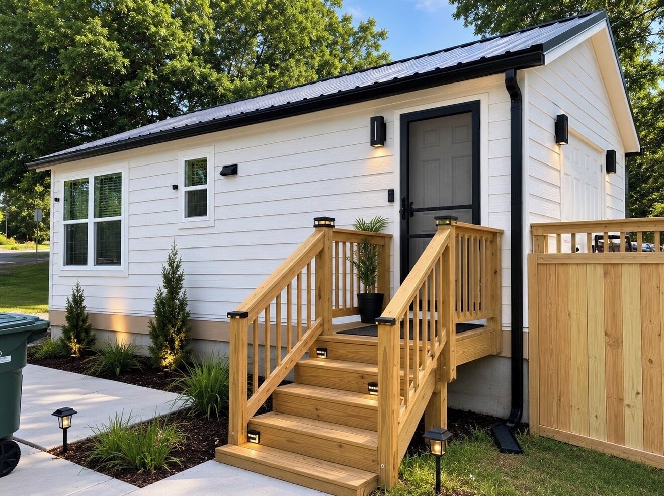 A small, single-story wooden house with a front porch and a staircase leading to the entrance.
