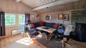 A cozy cabin interior with a wooden ceiling, a stone fireplace, a sofa, a dining table, and a fireplace mantel. - Nice home in Rauland with house a mountain view (Rauland)