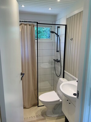 A modern bathroom with a shower enclosure, a toilet, and a sink.