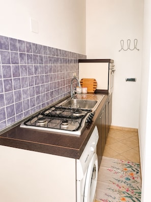 A compact kitchen with a gas stove, a sink, and a washing machine. - Casa Arcobaleno a Rio Marina (Rio Marina)