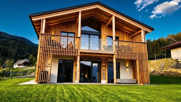 A two-story wooden house with a balcony, large windows, and a stone foundation. - Wonderful ski in-ski out chalet with Sauna (Sankt Lambrecht)