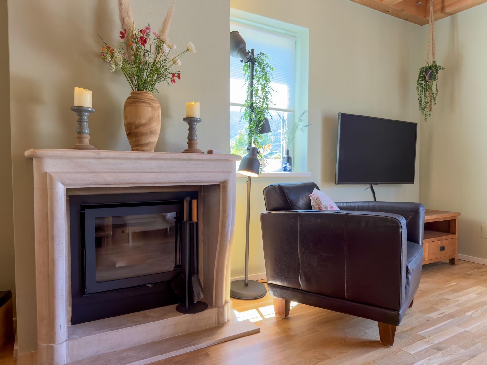 A living room with a fireplace, a sofa, a TV, and a window with plants.