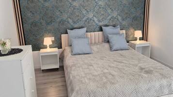 Ein modernes Schlafzimmer mit einem großen Bett, zwei Nachttischen und einer Wand mit Muster.