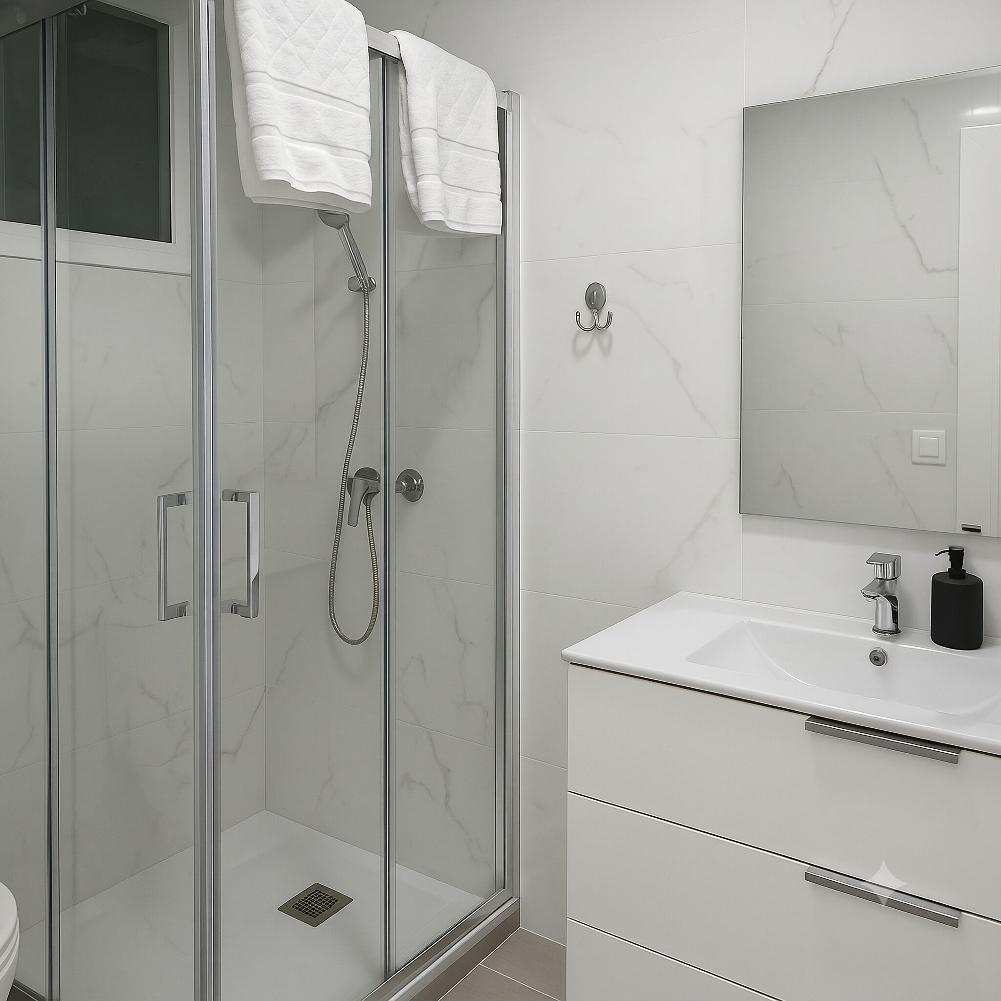 Haartrockner, Handtücher, Seife, Toilettenpapier