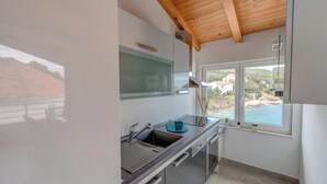 A modern kitchen with a built-in oven, a sink, and a window overlooking a scenic view.