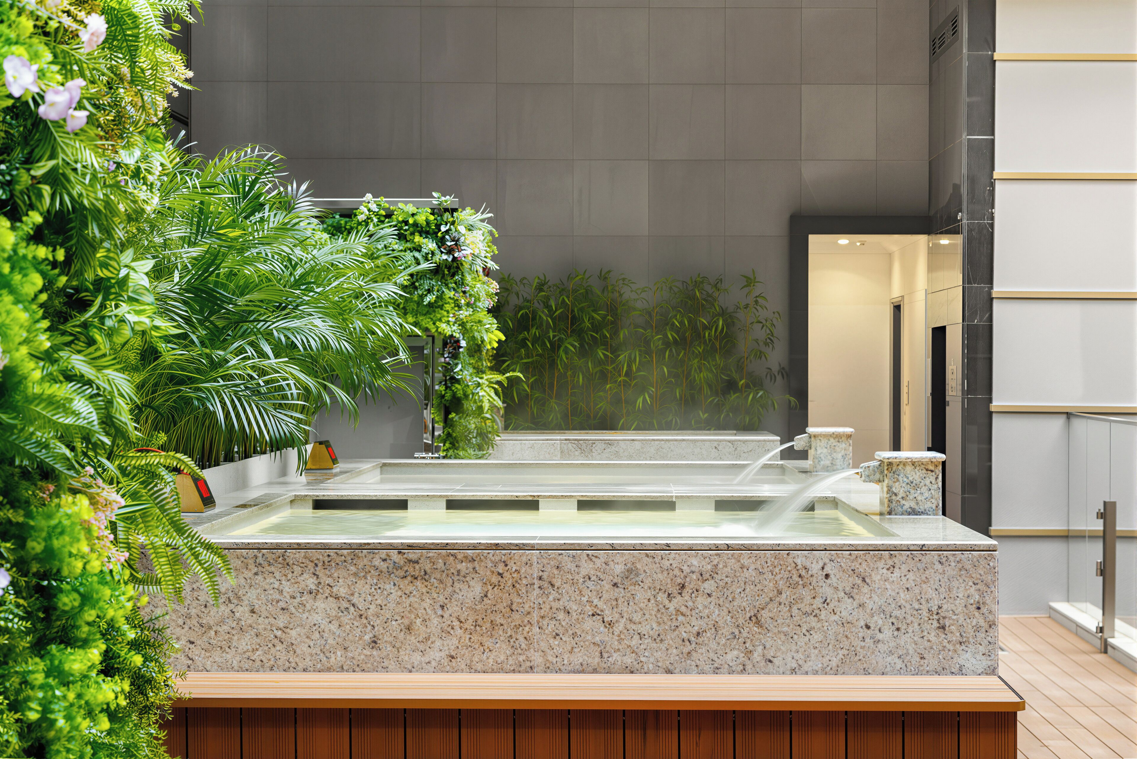 A spa area with a hot tub, surrounded by lush greenery and a modern interior design.
