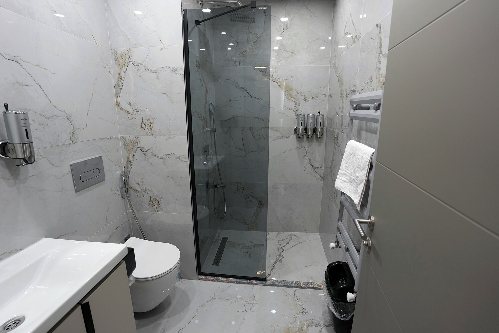Un baño moderno con ducha envuelta en vidrio, un inodoro y un lavabo.